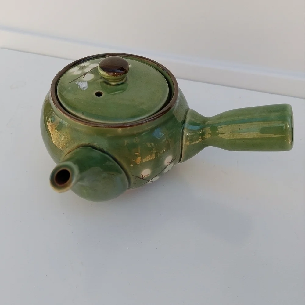 Miso Pottery Asian Japan Green with White Cherry Blossoms Side Spout Tea Pot - Picture 8 of 11